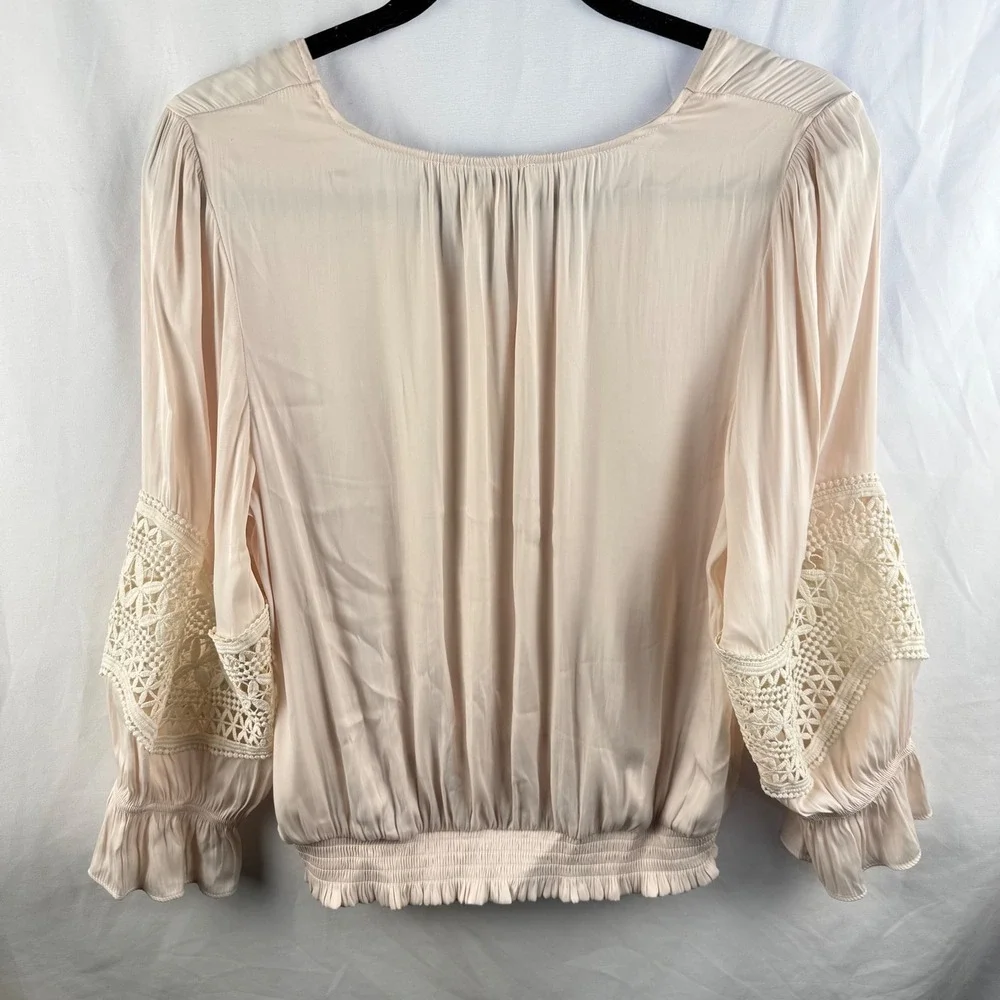 NEW Rachel Zoe Cream Satin Peasant Blouse Crochet Smocked Medium Boho Small Flaw - Picture 8 of 8